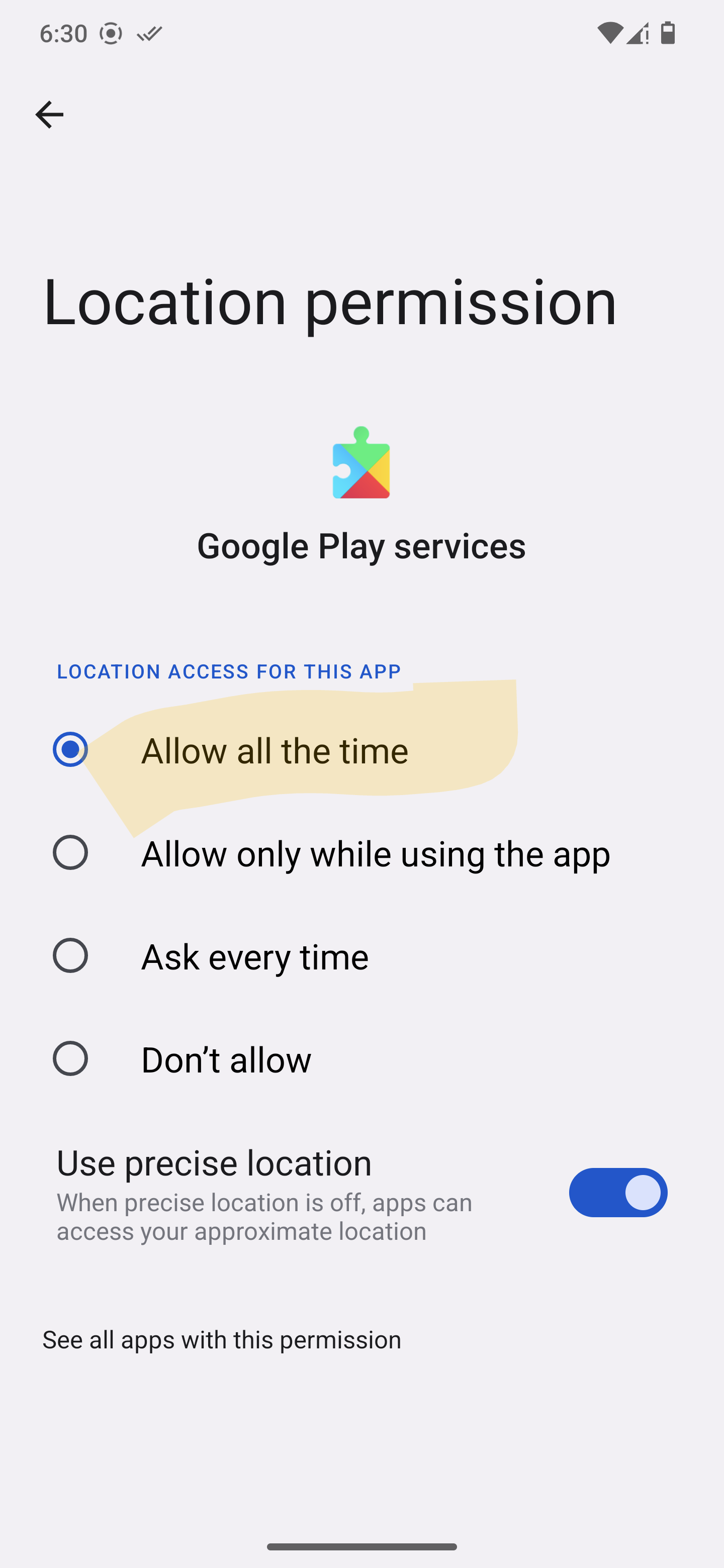 Location Permission now allowed All the Time